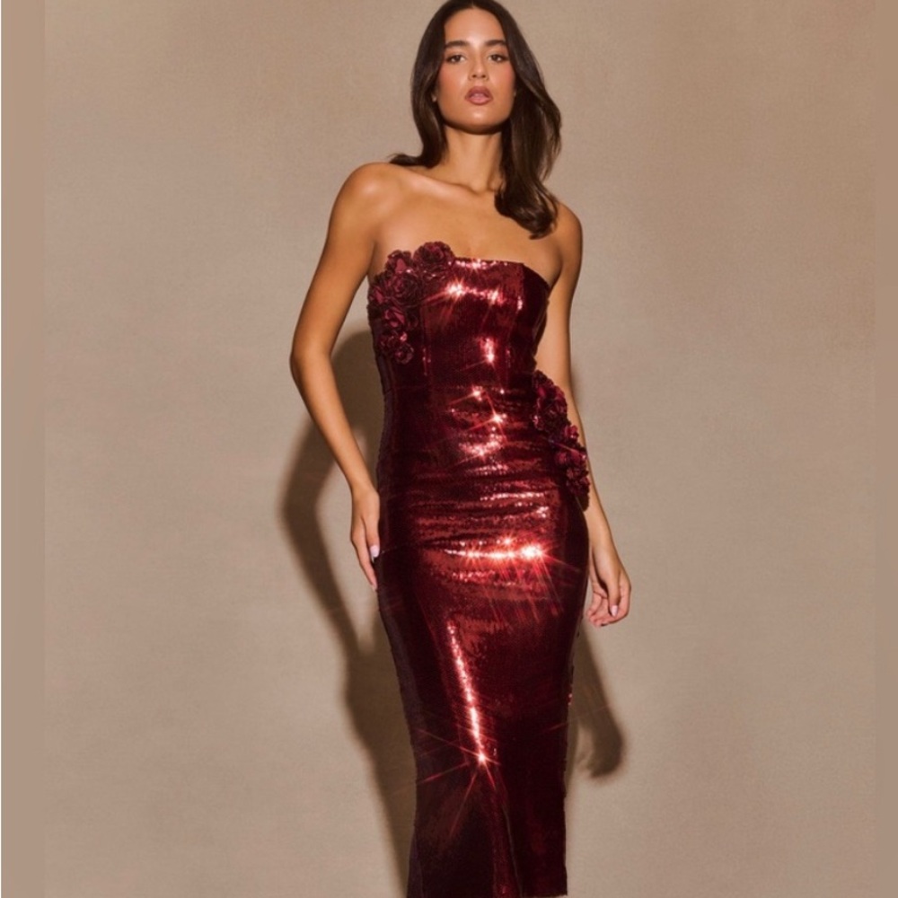 Meshki Strapless Sequin Midi Dress in Burgundy